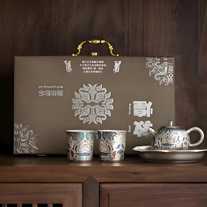 Dunhuang Gold & Silver Inlay Tea Set - Ceramic Teapot with 2 Cups & Tray, Luxury Gift Box