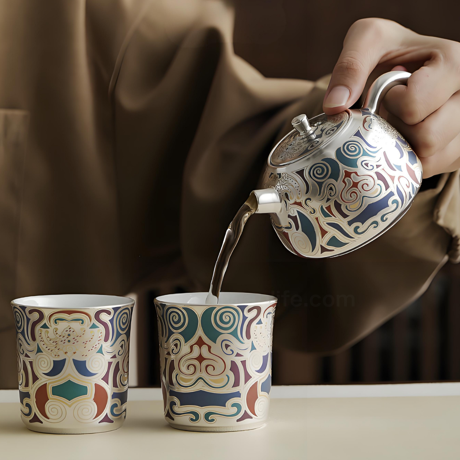 Dunhuang Gold & Silver Inlay Tea Set - Ceramic Teapot with 2 Cups & Tray, Luxury Gift Box