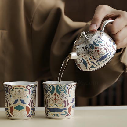 Dunhuang Gold & Silver Inlay Tea Set - Ceramic Teapot with 2 Cups & Tray, Luxury Gift Box