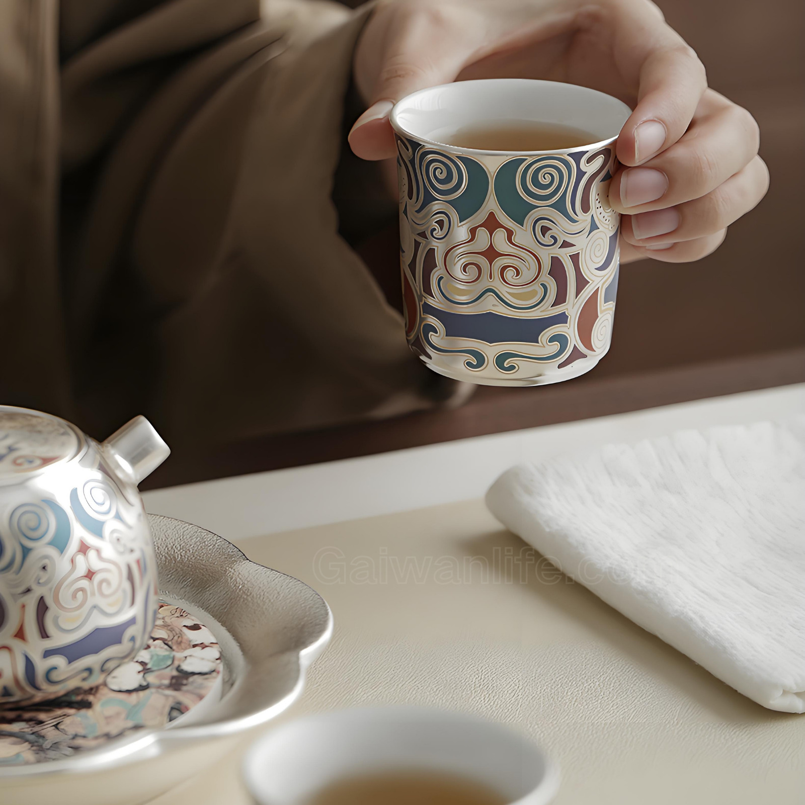 Dunhuang Gold & Silver Inlay Tea Set - Ceramic Teapot with 2 Cups & Tray, Luxury Gift Box