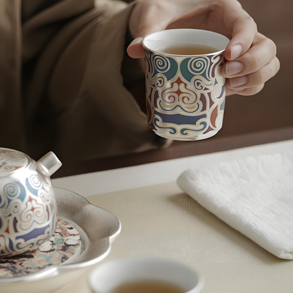 Dunhuang Gold & Silver Inlay Tea Set - Ceramic Teapot with 2 Cups & Tray, Luxury Gift Box