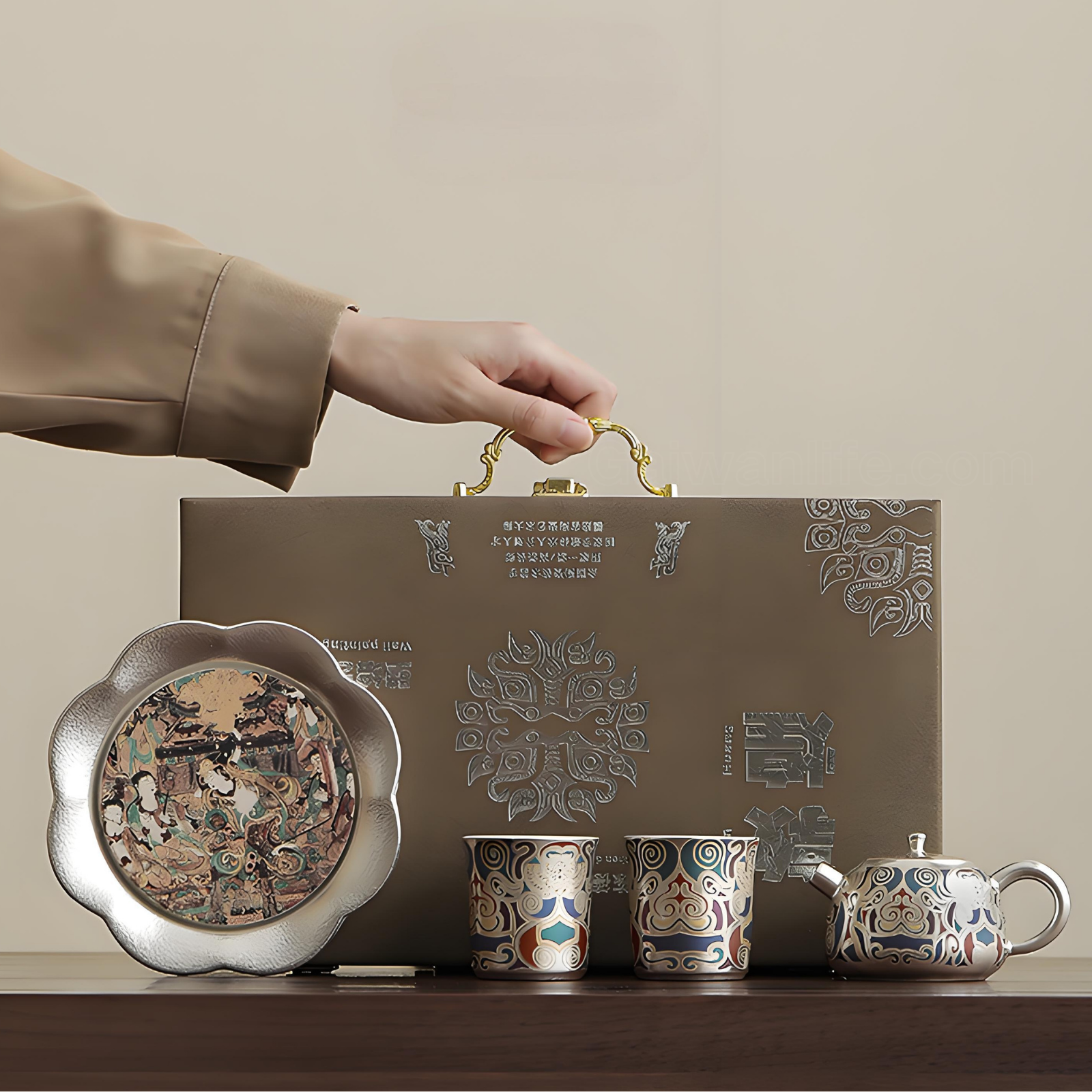 Dunhuang Gold & Silver Inlay Tea Set - Ceramic Teapot with 2 Cups & Tray, Luxury Gift Box