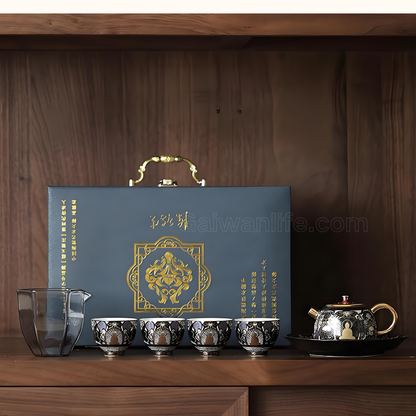 Service à thé Dunhuang Thangka incrusté d'or et d'argent | Coffret cadeau 1 théière + 4 tasses 