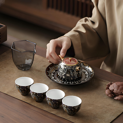 Service à thé Dunhuang Thangka incrusté d'or et d'argent | Coffret cadeau 1 théière + 4 tasses 