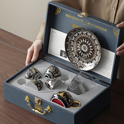 Service à thé Dunhuang Thangka incrusté d'or et d'argent | Coffret cadeau 1 théière + 4 tasses 