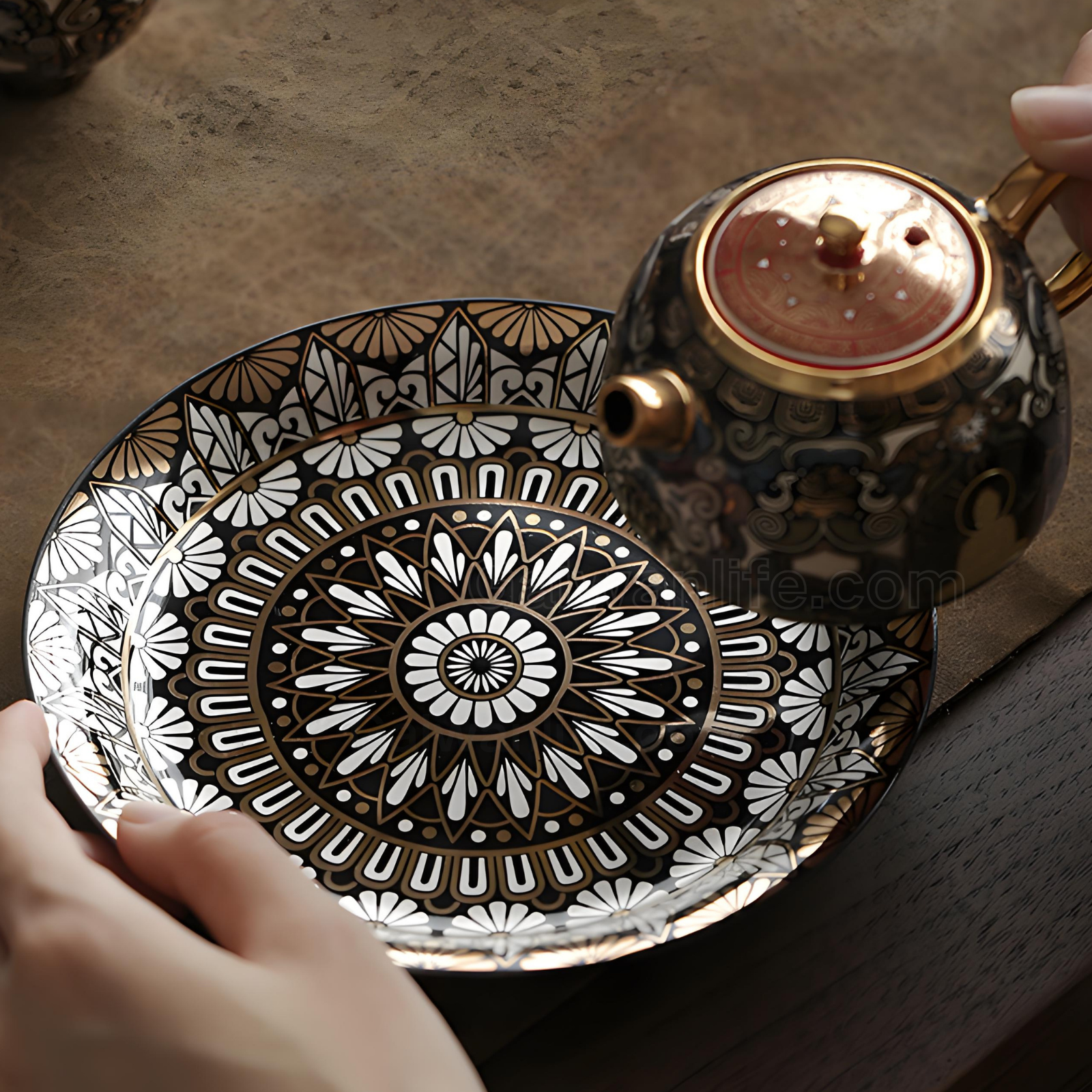 Dunhuang Thangka Teeservice mit Gold-Silber-Intarsien | 1 Teekanne + 4 Tassen Geschenkset