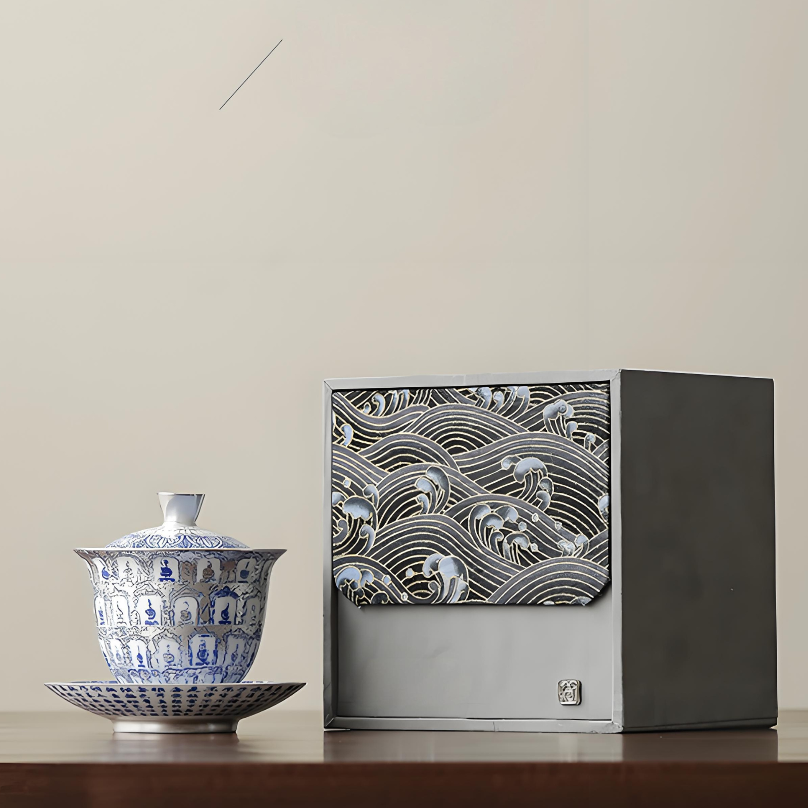 Dunhuang Thousand Buddha Gaiwan - 150ml Blue & White Ceramic with Silver Gilding, Collector’s Edition
