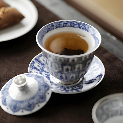 Dunhuang Thousand Buddha Gaiwan - 150ml Blue & White Ceramic with Silver Gilding, Collector’s Edition