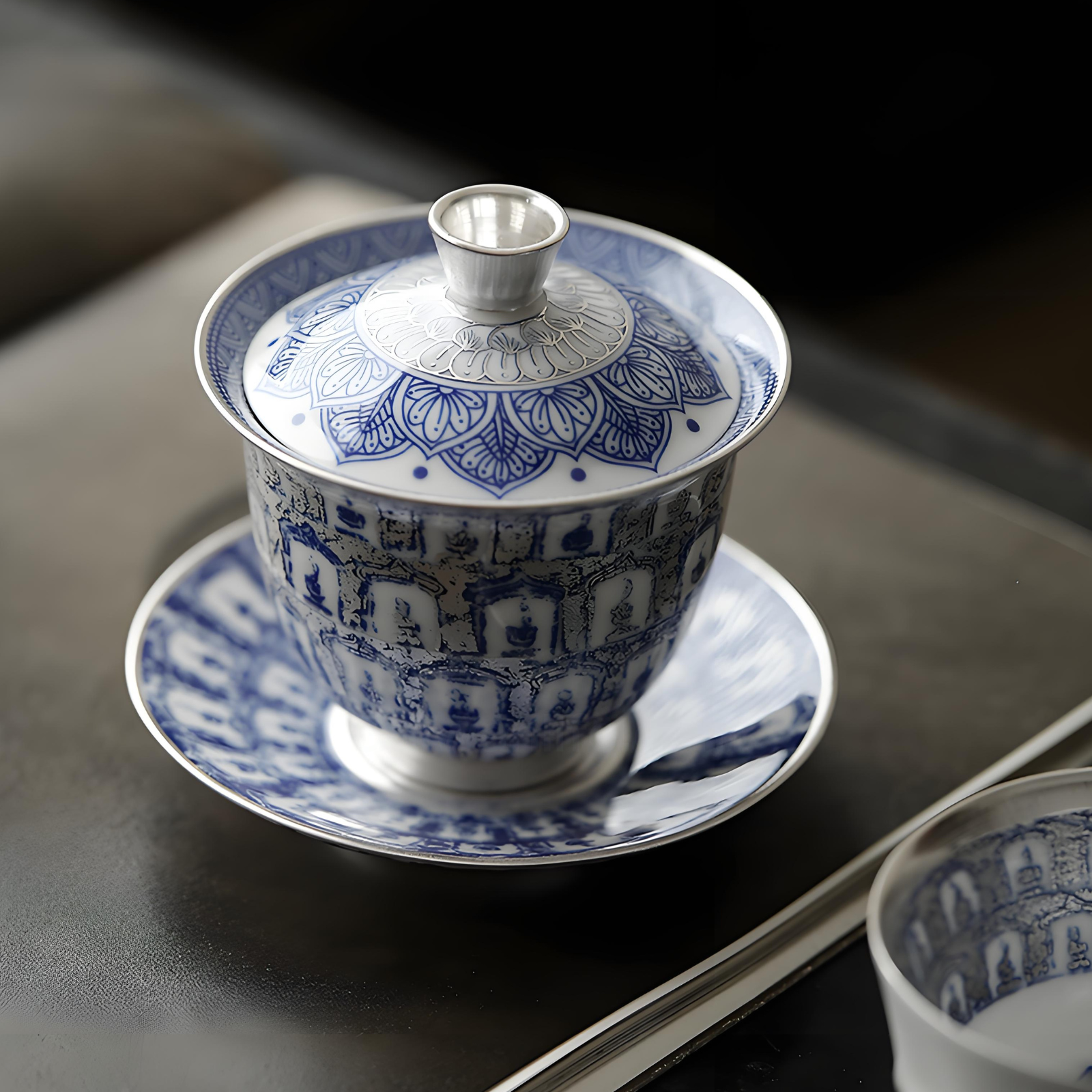 Dunhuang Thousand Buddha Gaiwan - 150ml Blue & White Ceramic with Silver Gilding, Collector’s Edition