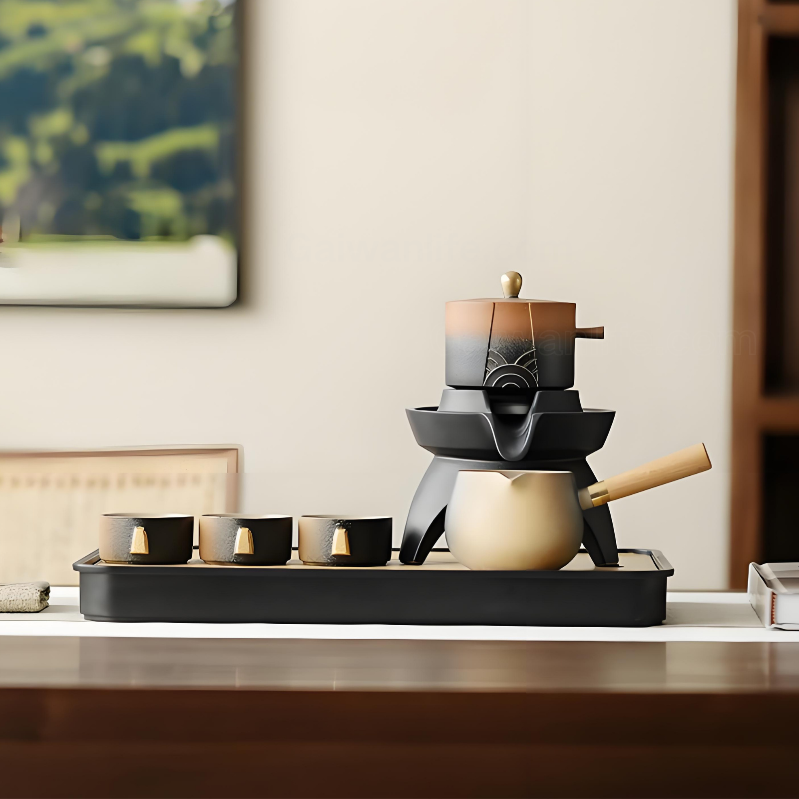 12-Piece Ceramic Gongfu Tea Set with Rotating Spout & Bamboo Tray - Lead-Free Gold Accents