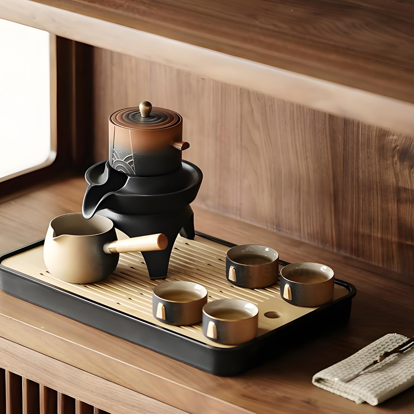 12-Piece Ceramic Gongfu Tea Set with Rotating Spout & Bamboo Tray - Lead-Free Gold Accents