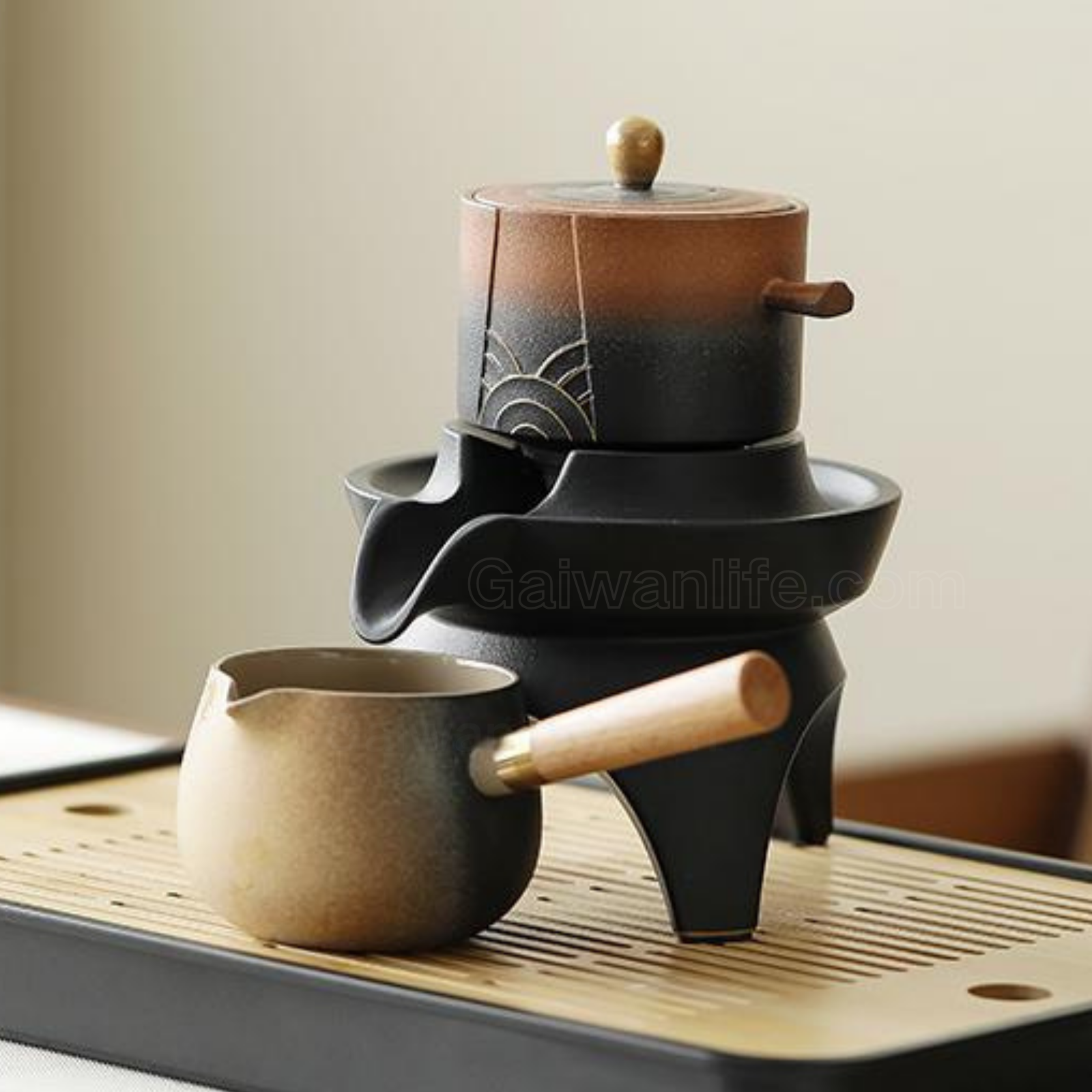 12-Piece Ceramic Gongfu Tea Set with Rotating Spout & Bamboo Tray - Lead-Free Gold Accents