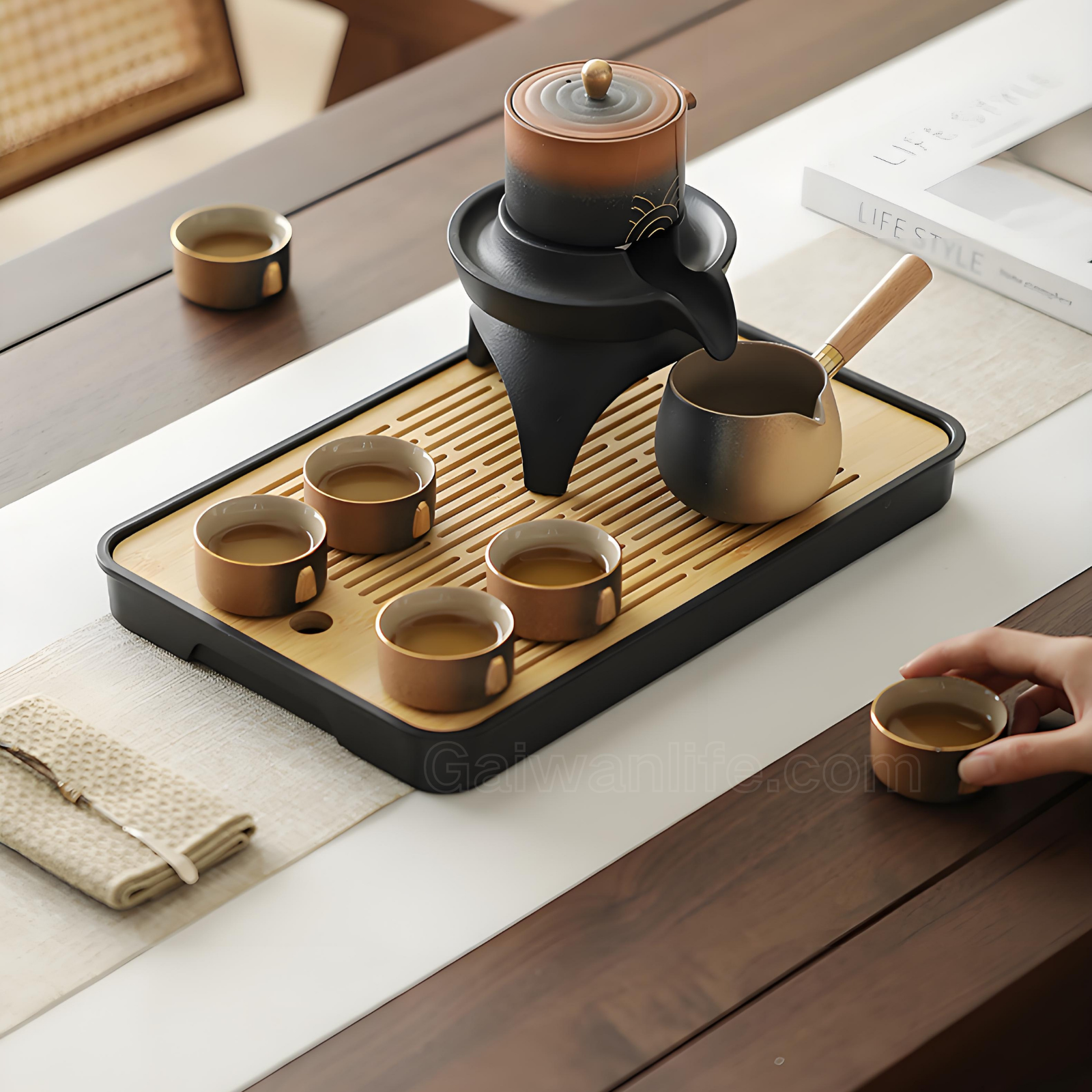 12-Piece Ceramic Gongfu Tea Set with Rotating Spout & Bamboo Tray - Lead-Free Gold Accents