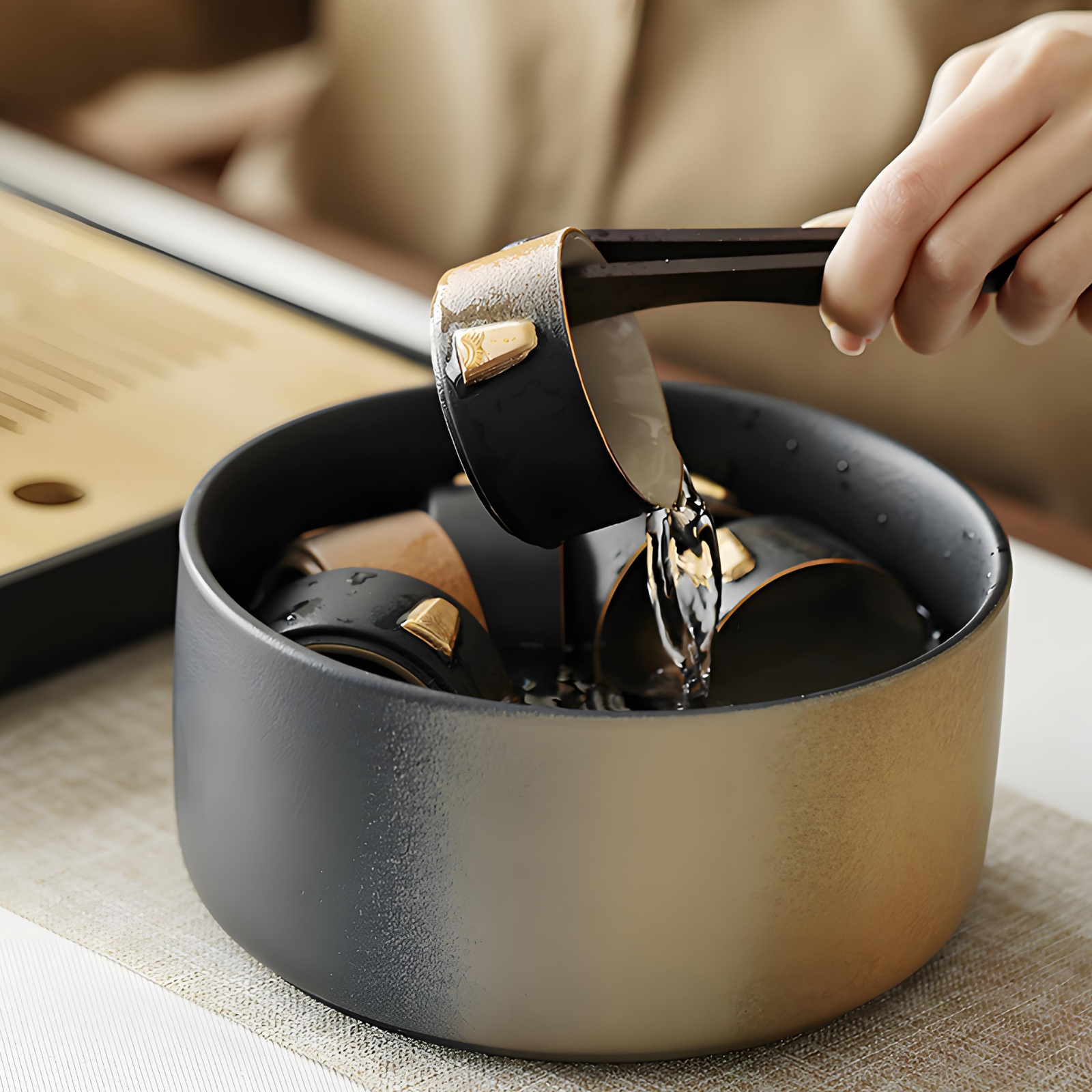 12-Piece Ceramic Gongfu Tea Set with Rotating Spout & Bamboo Tray - Lead-Free Gold Accents