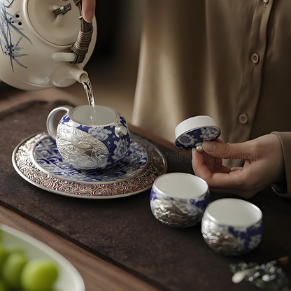 Forbidden City Silver-Inlaid Dragon-Phoenix Xi Shi Teapot Gift Set | 200ml Blue & White Ware
