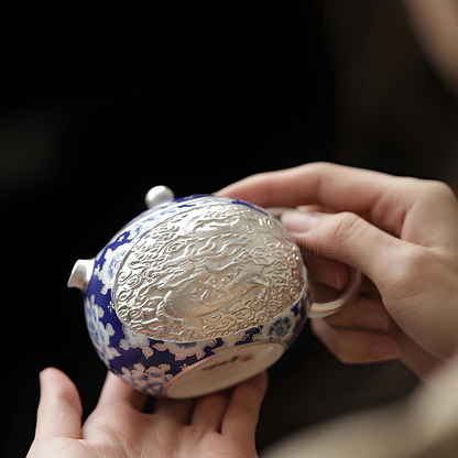 Forbidden City Silver-Inlaid Dragon-Phoenix Xi Shi Teapot Gift Set | 200ml Blue & White Ware