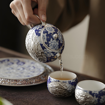 Forbidden City Silver-Inlaid Dragon-Phoenix Xi Shi Teapot Gift Set | 200ml Blue & White Ware