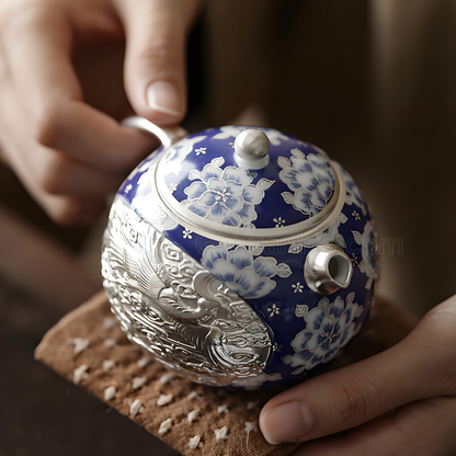 Forbidden City Silver-Inlaid Dragon-Phoenix Xi Shi Teapot Gift Set | 200ml Blue & White Ware
