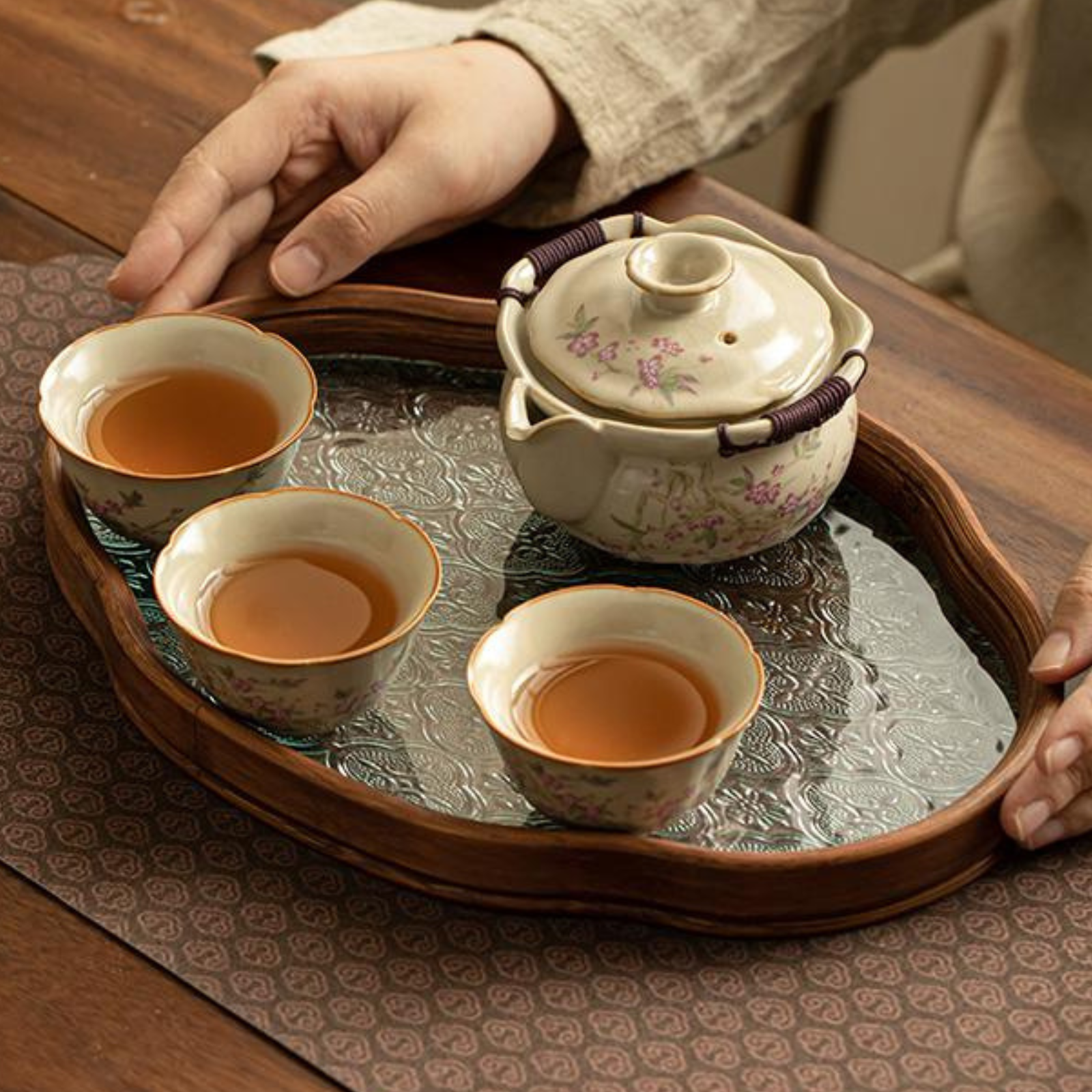3-piece Beige Ru Kiln Gaiwan Teapot Large Tea Set with Tea Tray