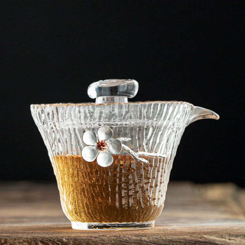 Thickened Tin Glass White Petals Gaiwan Gold trim gaiwan