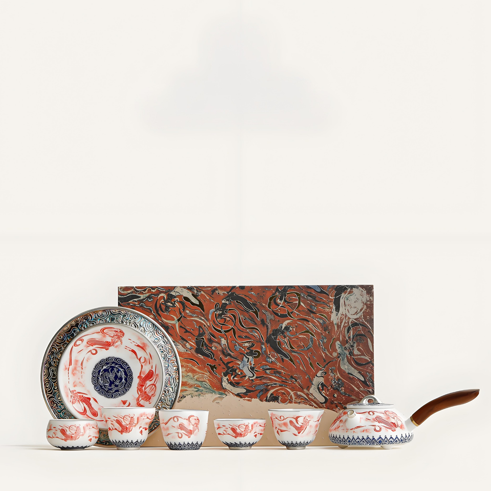 Handgefertigtes Dunhuang Feitian-Teeservice – versilberte Kanne mit seitlichem Henkel, fünf Segenstassen, luxuriöse Geschenkbox 