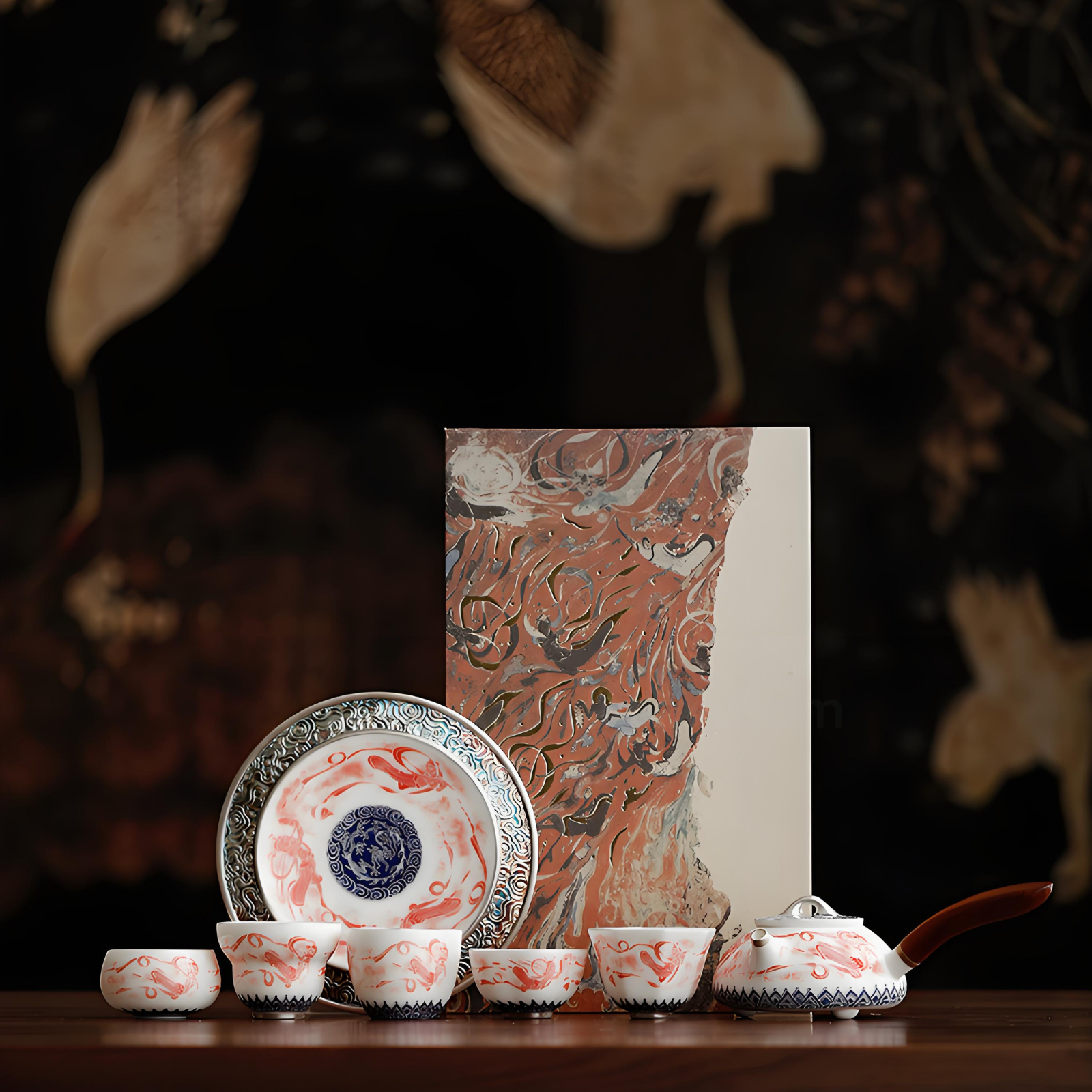Handgefertigtes Dunhuang Feitian-Teeservice – versilberte Kanne mit seitlichem Henkel, fünf Segenstassen, luxuriöse Geschenkbox