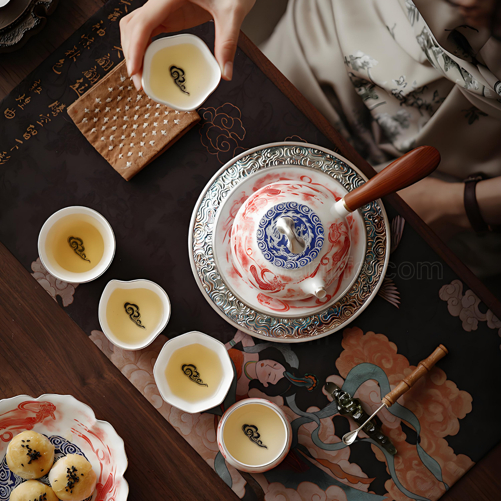 Handgefertigtes Dunhuang Feitian-Teeservice – versilberte Kanne mit seitlichem Henkel, fünf Segenstassen, luxuriöse Geschenkbox