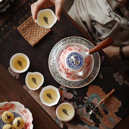 Handcrafted Dunhuang Feitian Tea Set - Silver-Gilded Side-Handle Pot, Five Blessings Cups, Luxury Gift Box