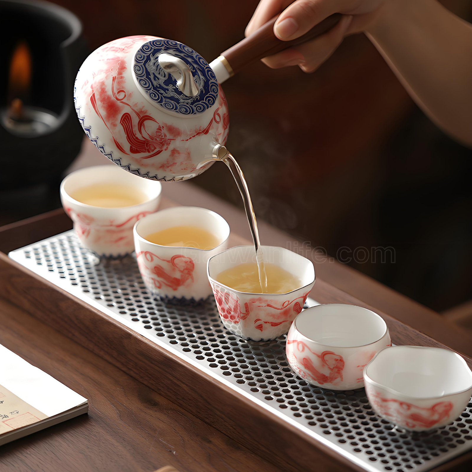 Handgefertigtes Dunhuang Feitian-Teeservice – versilberte Kanne mit seitlichem Henkel, fünf Segenstassen, luxuriöse Geschenkbox