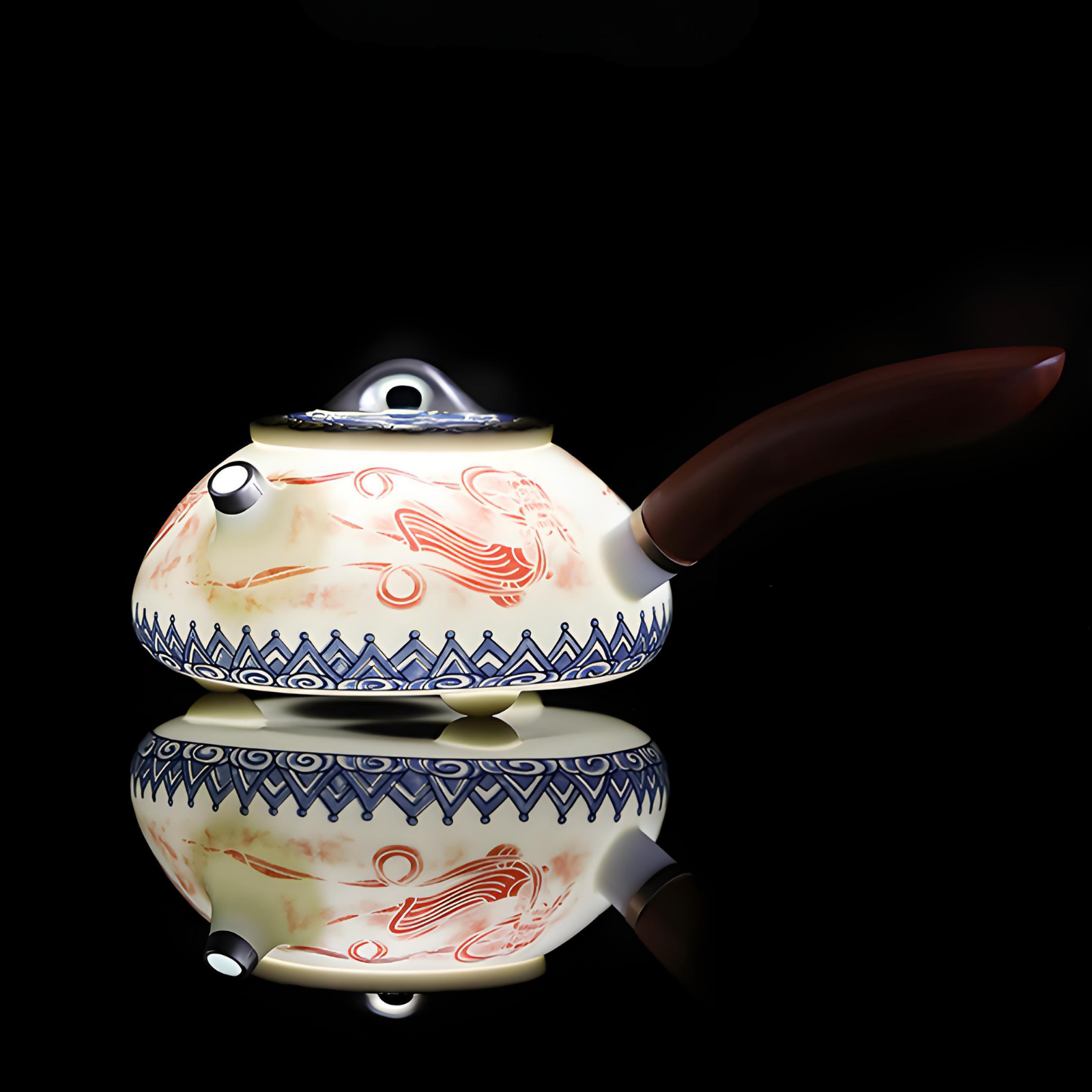 Handgefertigtes Dunhuang Feitian-Teeservice – versilberte Kanne mit seitlichem Henkel, fünf Segenstassen, luxuriöse Geschenkbox