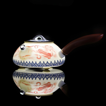 Handcrafted Dunhuang Feitian Tea Set - Silver-Gilded Side-Handle Pot, Five Blessings Cups, Luxury Gift Box