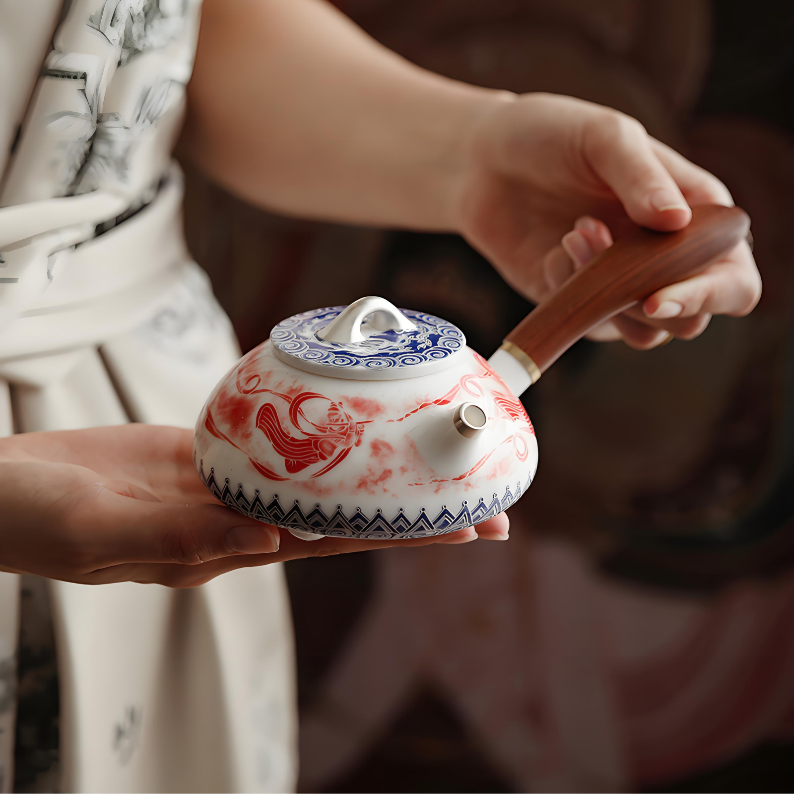 Handgefertigtes Dunhuang Feitian-Teeservice – versilberte Kanne mit seitlichem Henkel, fünf Segenstassen, luxuriöse Geschenkbox