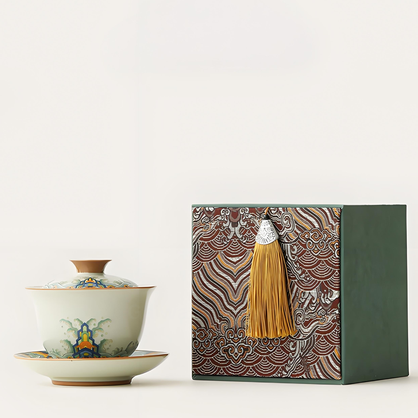 Handgefertigter Ru Kiln Gaiwan – 150 ml Keramik mit „Seas &amp; Cliffs“-Muster, luxuriöse Geschenkbox