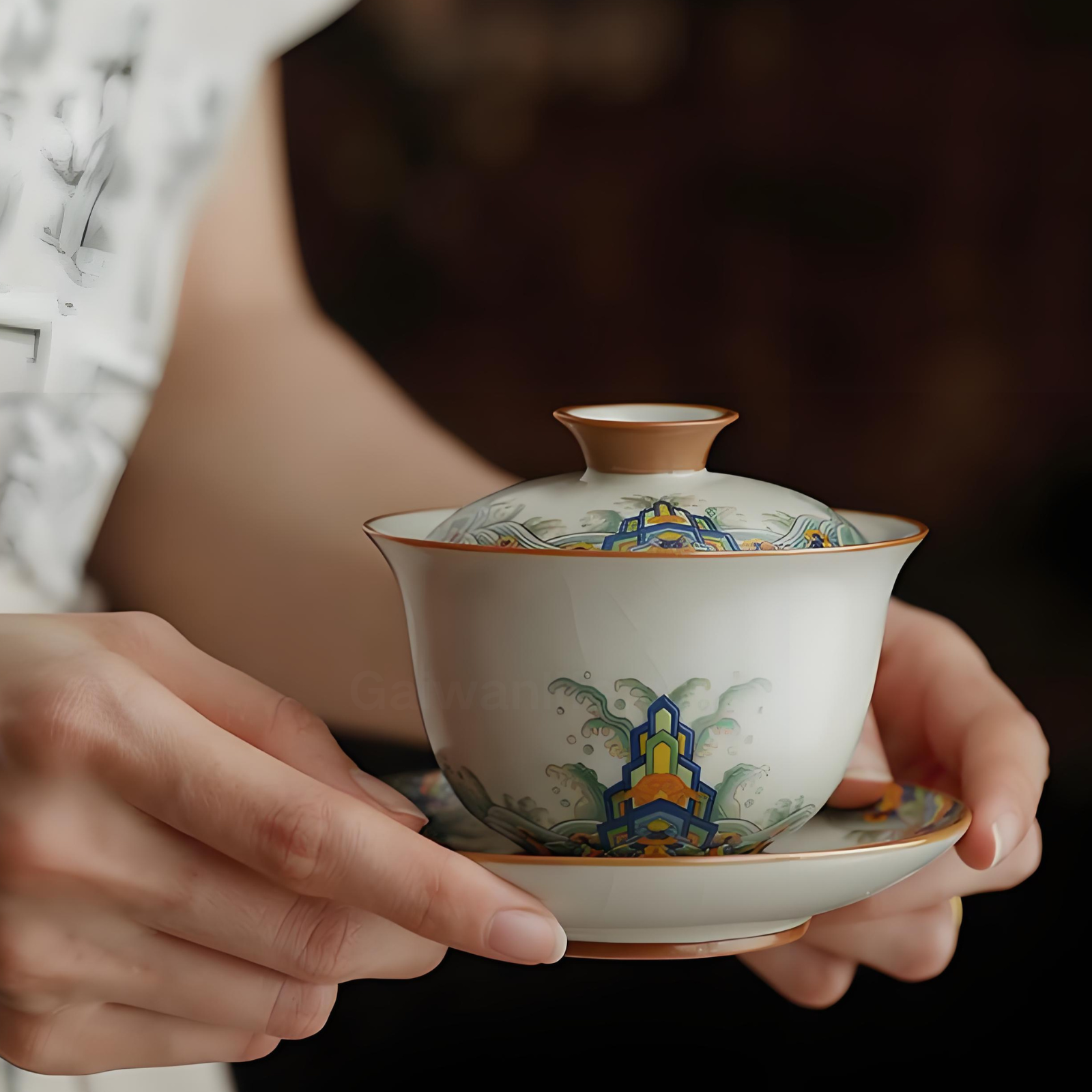 Handgefertigter Ru Kiln Gaiwan – 150 ml Keramik mit „Seas & Cliffs“-Muster, luxuriöse Geschenkbox