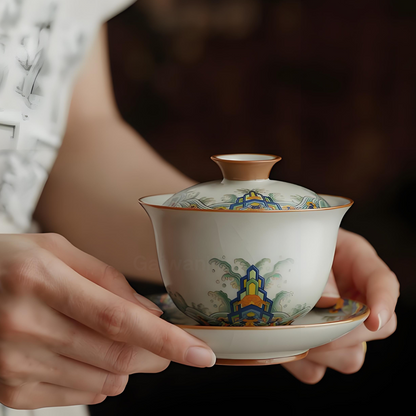 Handcrafted Ru Kiln Gaiwan - 150ml Ceramic with "Seas & Cliffs" Pattern, Luxury Gift Box