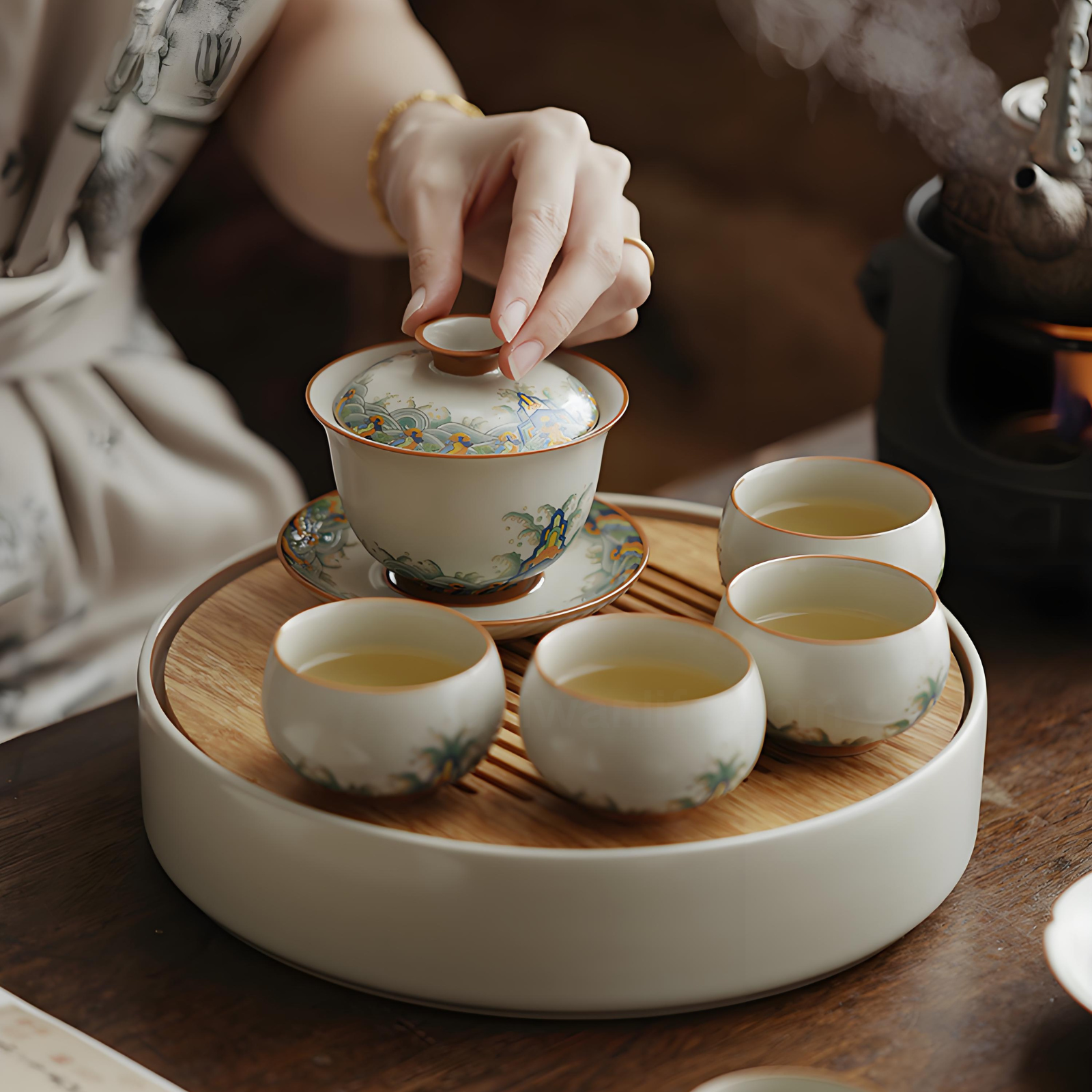 Handgefertigter Ru Kiln Gaiwan – 150 ml Keramik mit „Seas & Cliffs“-Muster, luxuriöse Geschenkbox