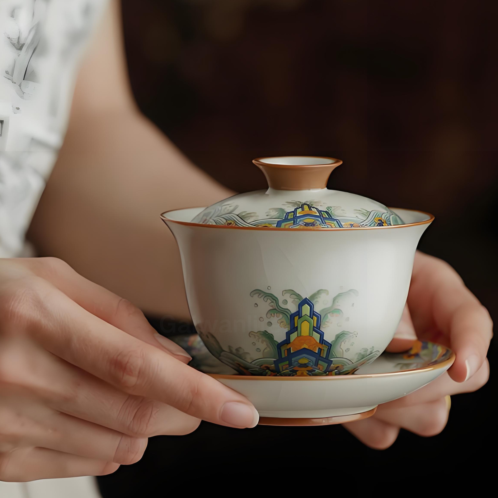 Handgefertigter Ru Kiln Gaiwan – 150 ml Keramik mit „Seas & Cliffs“-Muster, luxuriöse Geschenkbox
