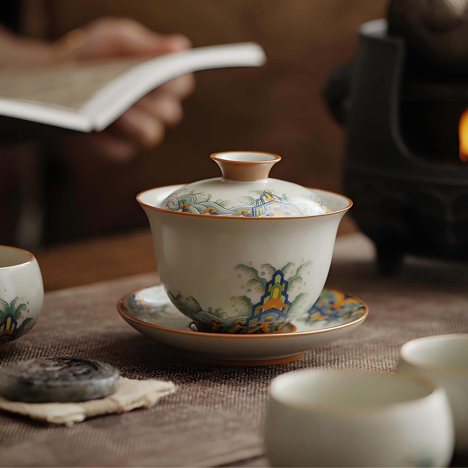 Handgefertigter Ru Kiln Gaiwan – 150 ml Keramik mit „Seas & Cliffs“-Muster, luxuriöse Geschenkbox