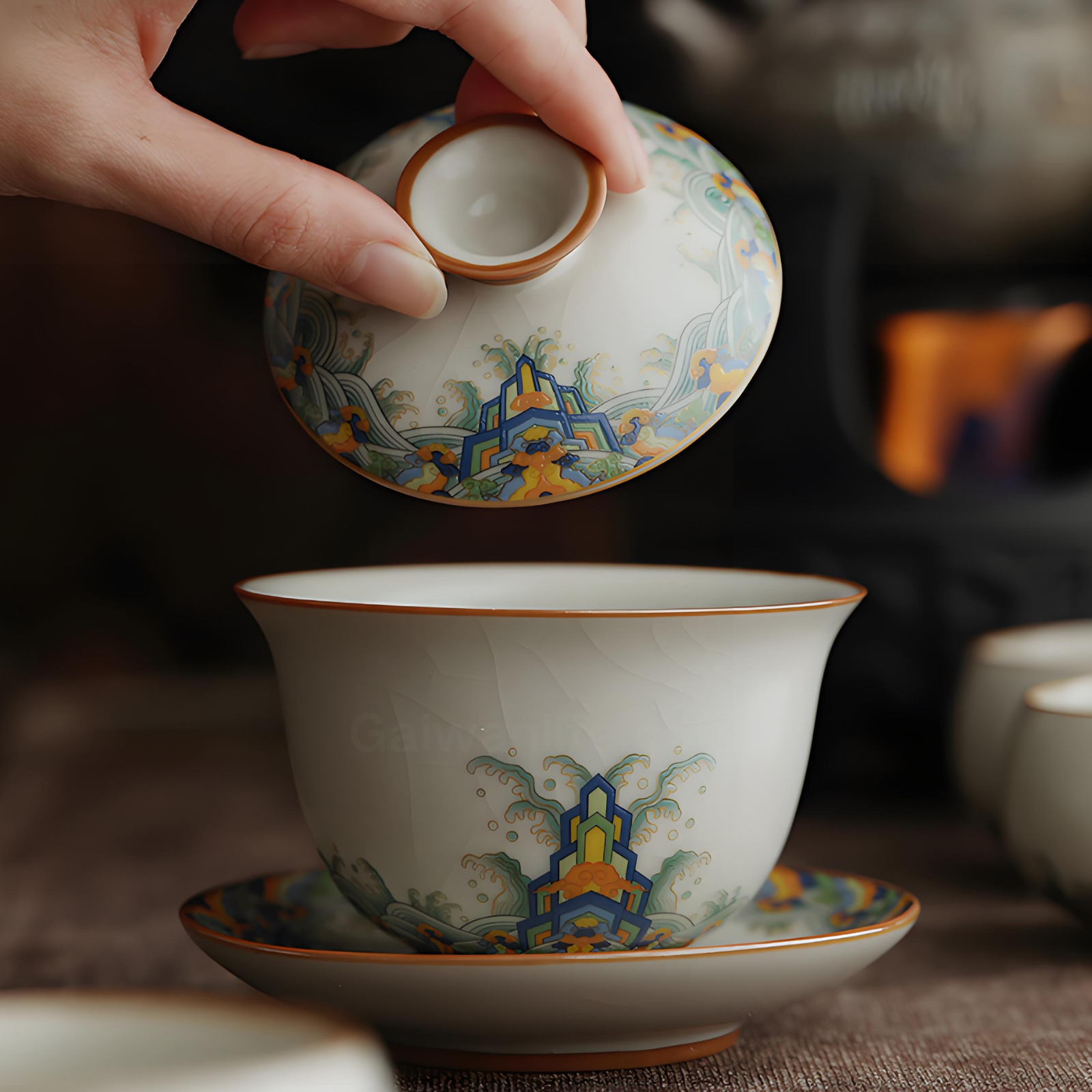 Handgefertigter Ru Kiln Gaiwan – 150 ml Keramik mit „Seas & Cliffs“-Muster, luxuriöse Geschenkbox