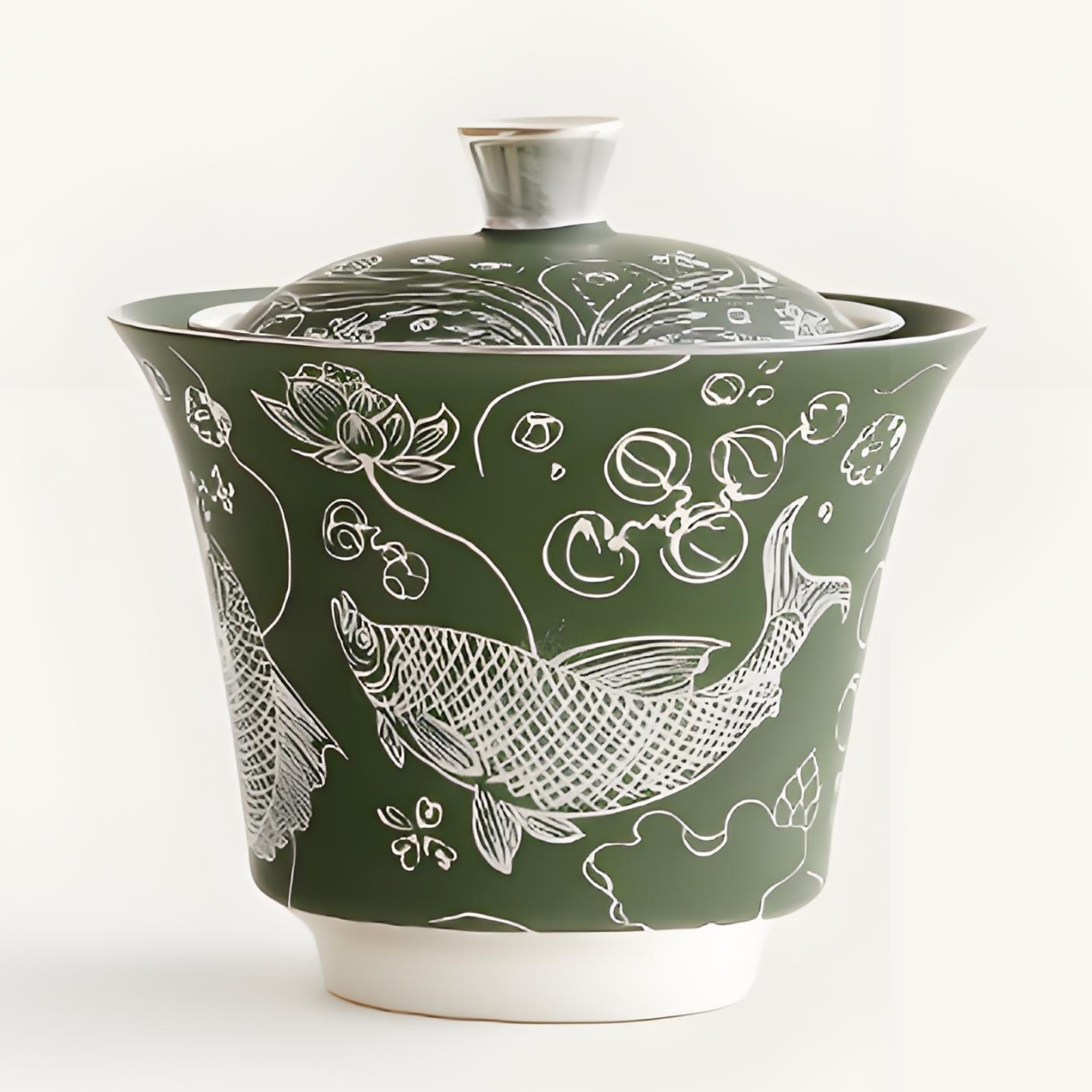 Handcrafted Silver-Inlaid Fish & Algae Gaiwan - 150ml Dark Green Ceramic, Collector’s Box