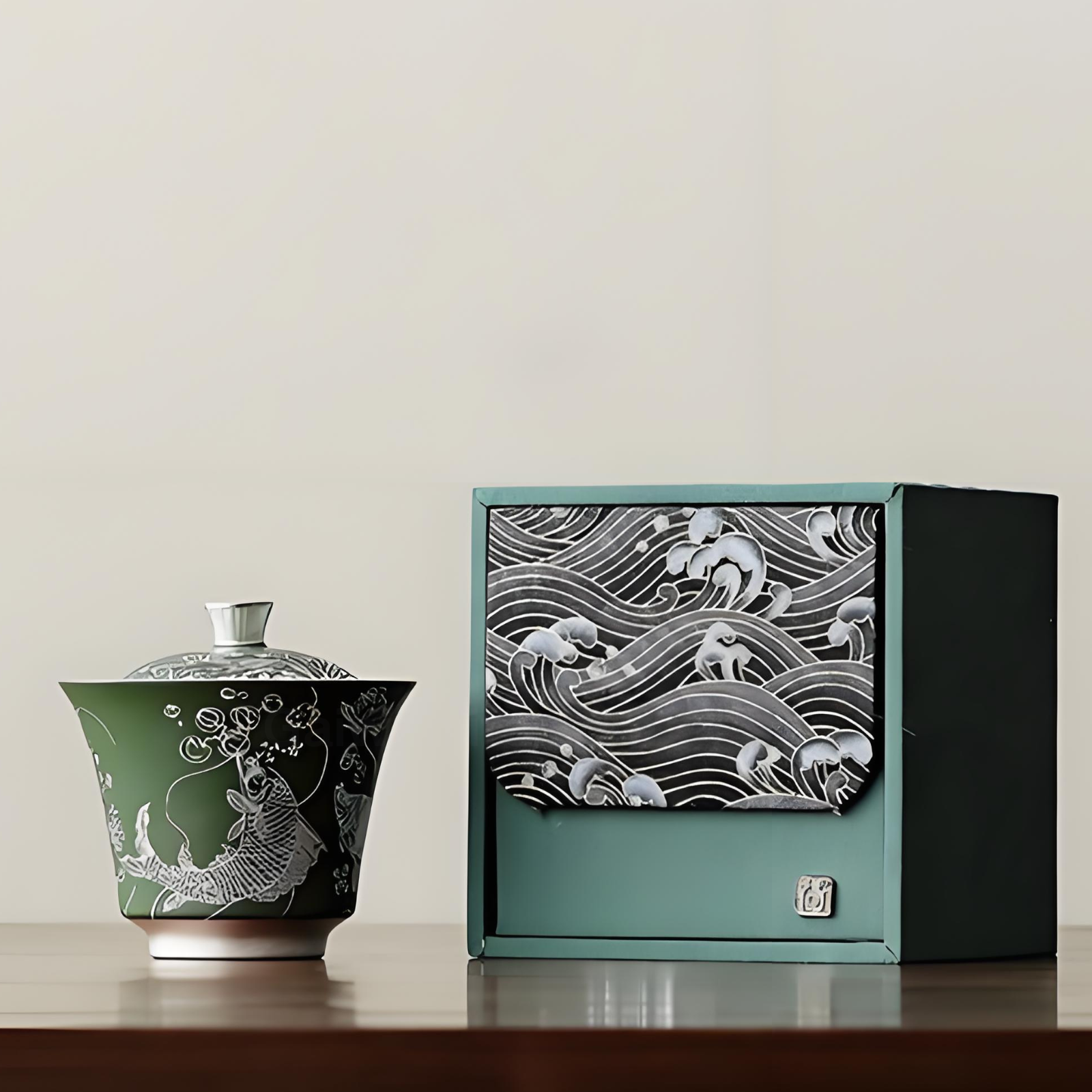 Handgefertigter Gaiwan mit Silbereinlage aus Fisch und Algen – 150 ml dunkelgrüne Keramik, Sammlerbox