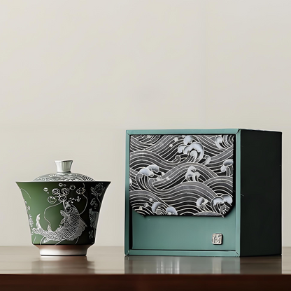 Handcrafted Silver-Inlaid Fish & Algae Gaiwan - 150ml Dark Green Ceramic, Collector’s Box