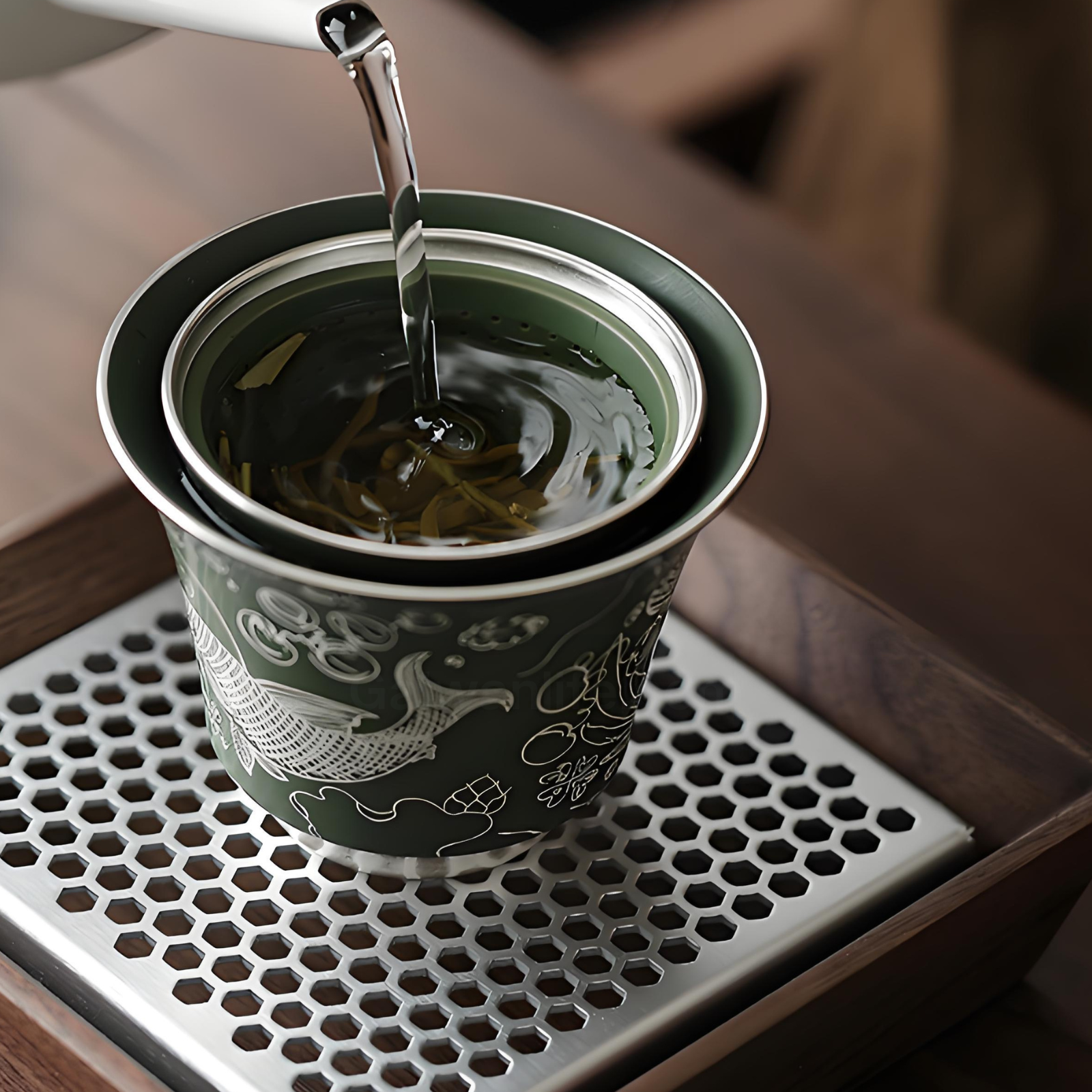 Handcrafted Silver-Inlaid Fish & Algae Gaiwan - 150ml Dark Green Ceramic, Collector’s Box