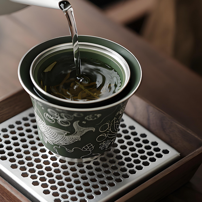 Handcrafted Silver-Inlaid Fish & Algae Gaiwan - 150ml Dark Green Ceramic, Collector’s Box