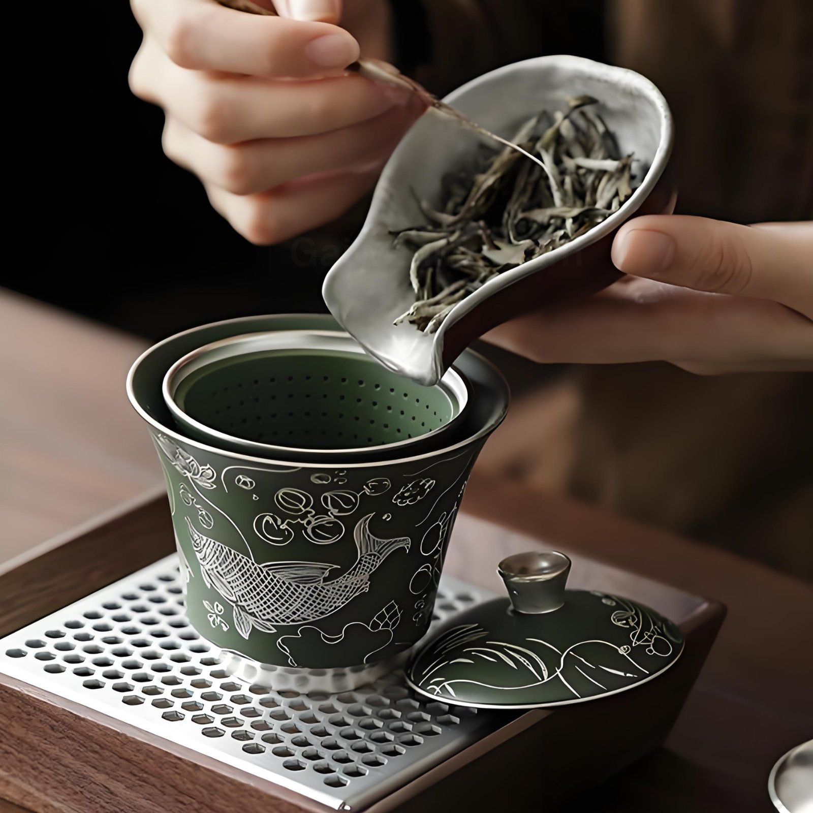 Handcrafted Silver-Inlaid Fish & Algae Gaiwan - 150ml Dark Green Ceramic, Collector’s Box