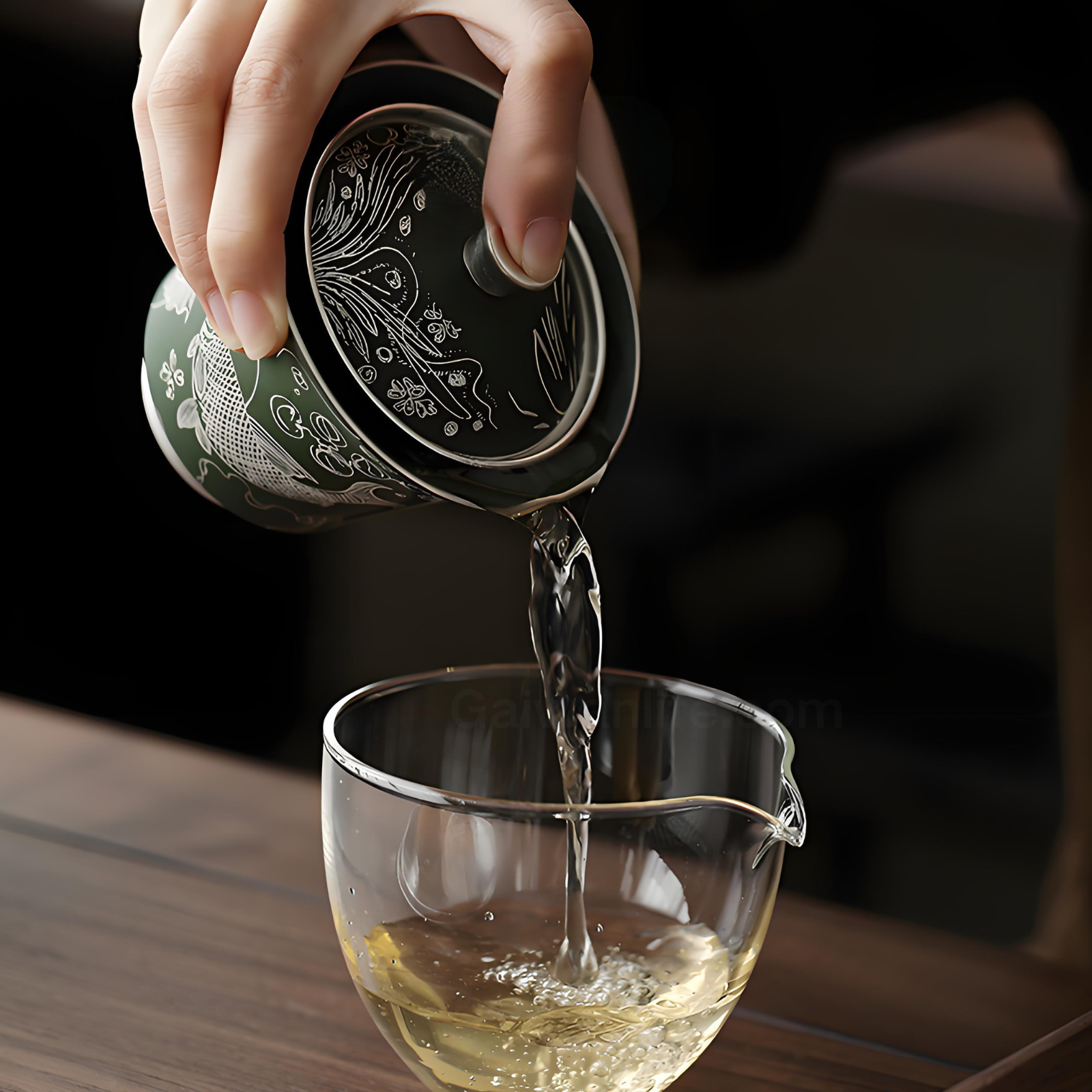 Handcrafted Silver-Inlaid Fish & Algae Gaiwan - 150ml Dark Green Ceramic, Collector’s Box