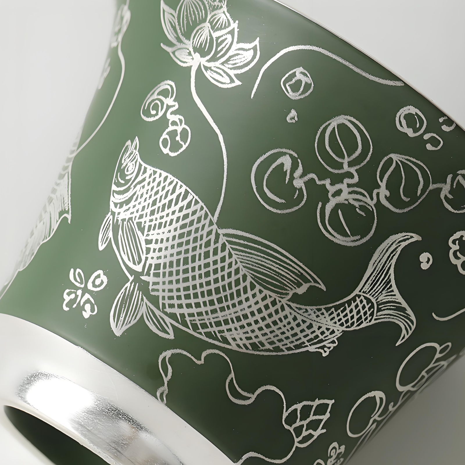 Handcrafted Silver-Inlaid Fish & Algae Gaiwan - 150ml Dark Green Ceramic, Collector’s Box