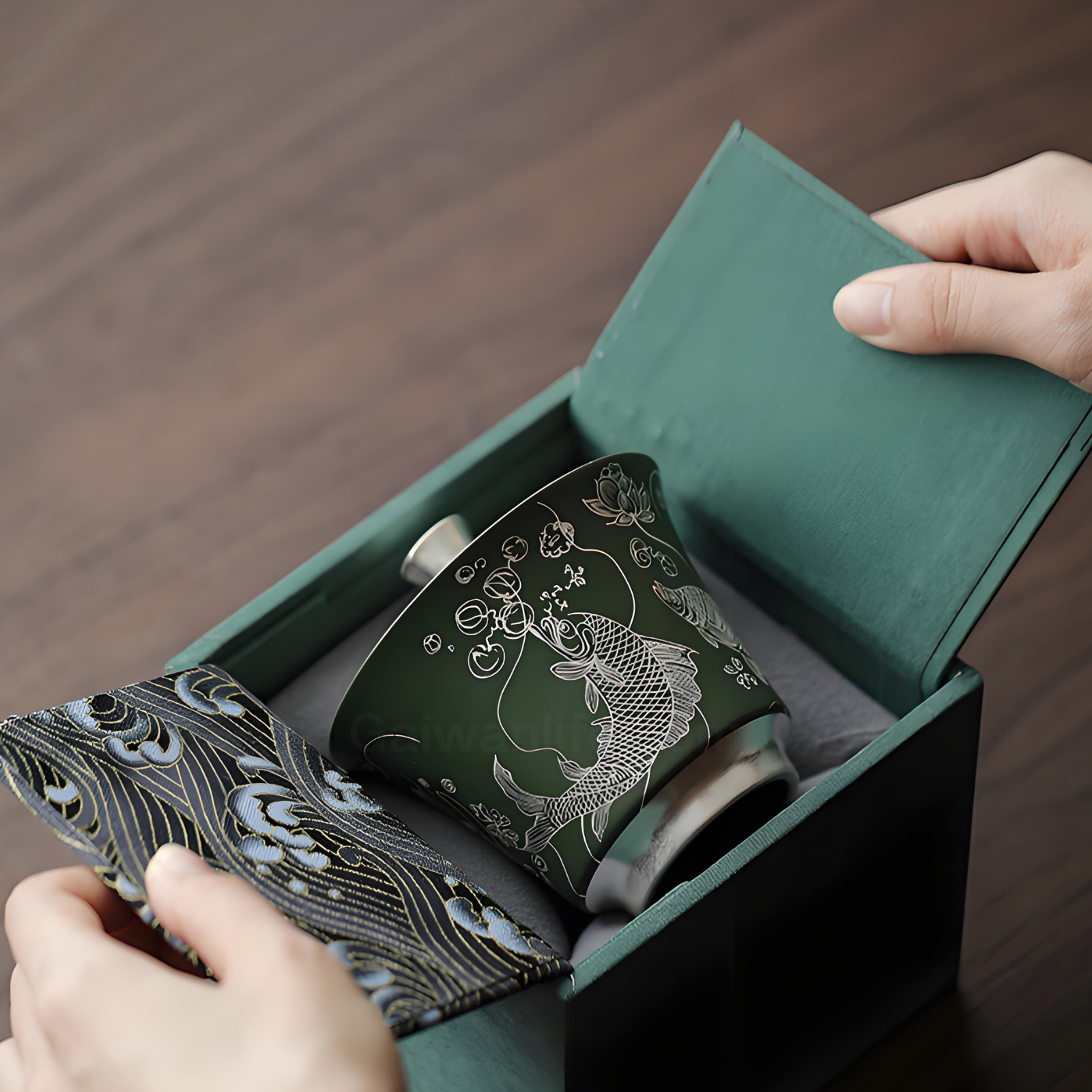 Handcrafted Silver-Inlaid Fish & Algae Gaiwan - 150ml Dark Green Ceramic, Collector’s Box