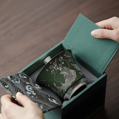 Handcrafted Silver-Inlaid Fish & Algae Gaiwan - 150ml Dark Green Ceramic, Collector’s Box