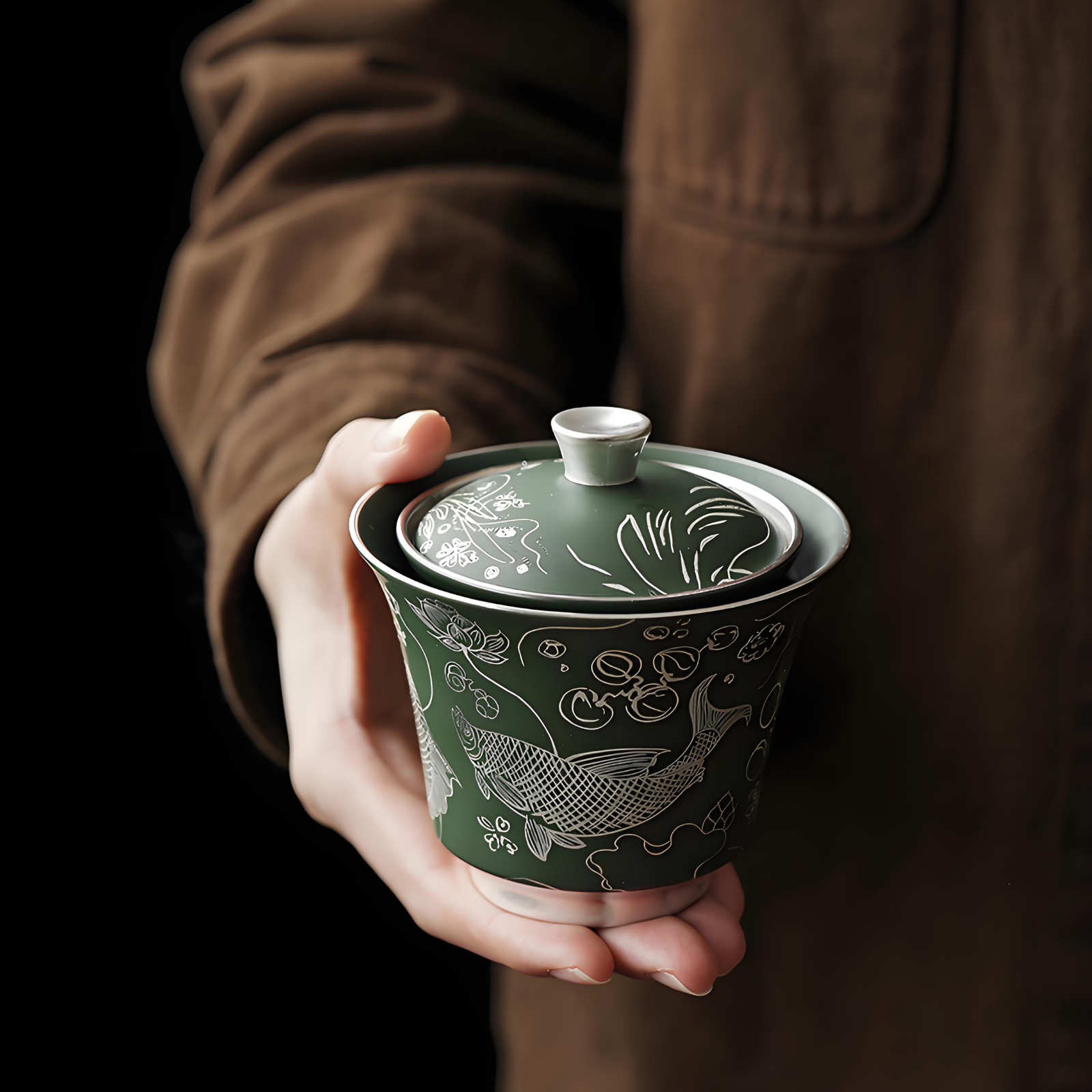 Handcrafted Silver-Inlaid Fish & Algae Gaiwan - 150ml Dark Green Ceramic, Collector’s Box